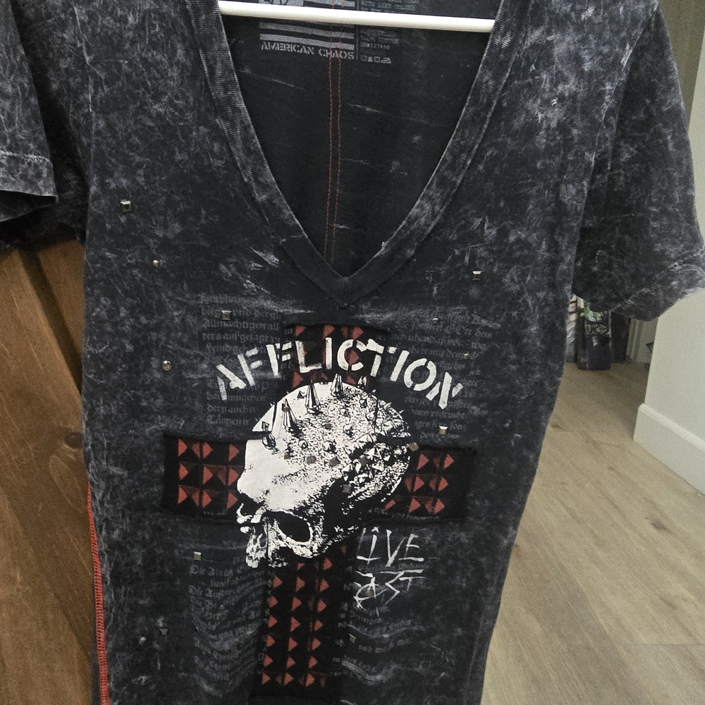Affliction Black Acid-Wash Skull Cross V-Neck Tee